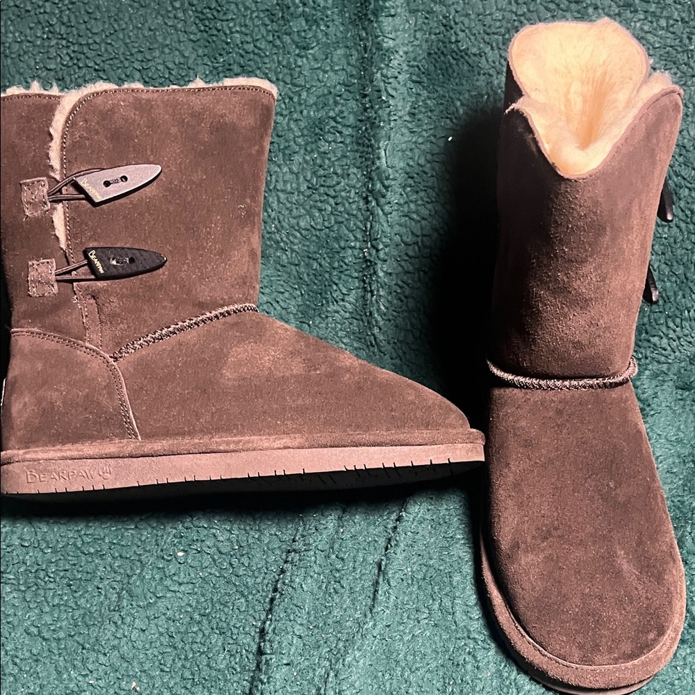 BearPaw Chocolate Suede Boots with Toggle Accents